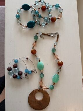 Boho Multicolor Beaded Necklace with Wooden Pendant and Matching Hoop Earrings